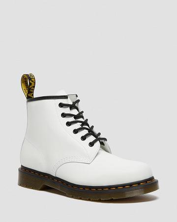 White Men's Dr Martens 101 Yellow Stitch Smooth Leather Ankle Boots | CA 412JPQ